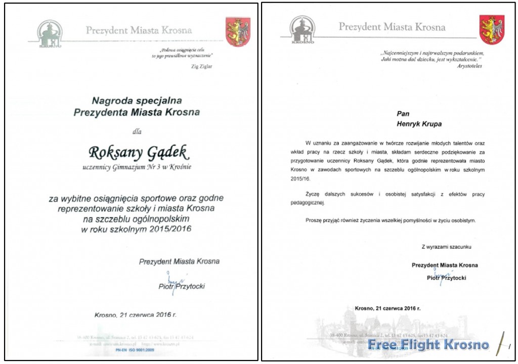 Nagroda dla Roksany Gądek oraz list gratulacyjny dla instruktora – Henryka Krupy Nagroda dla Roksany Gądek oraz list gratulacyjny dla instruktora - Henryka Krupy